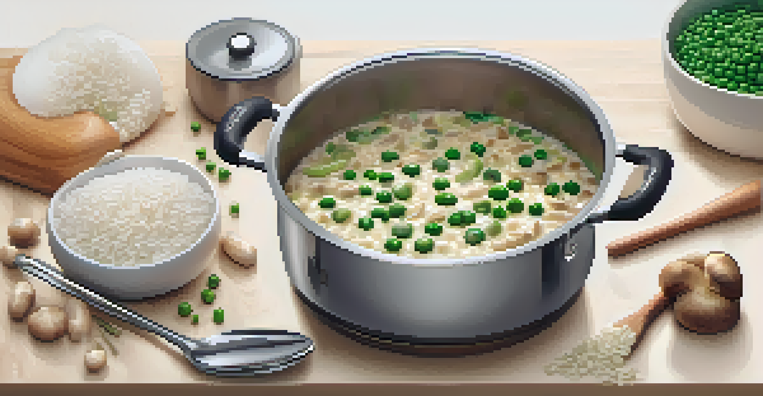 A creamy mushroom risotto in a stainless steel pot with a wooden spoon, garnished with fresh peas on a marble countertop.