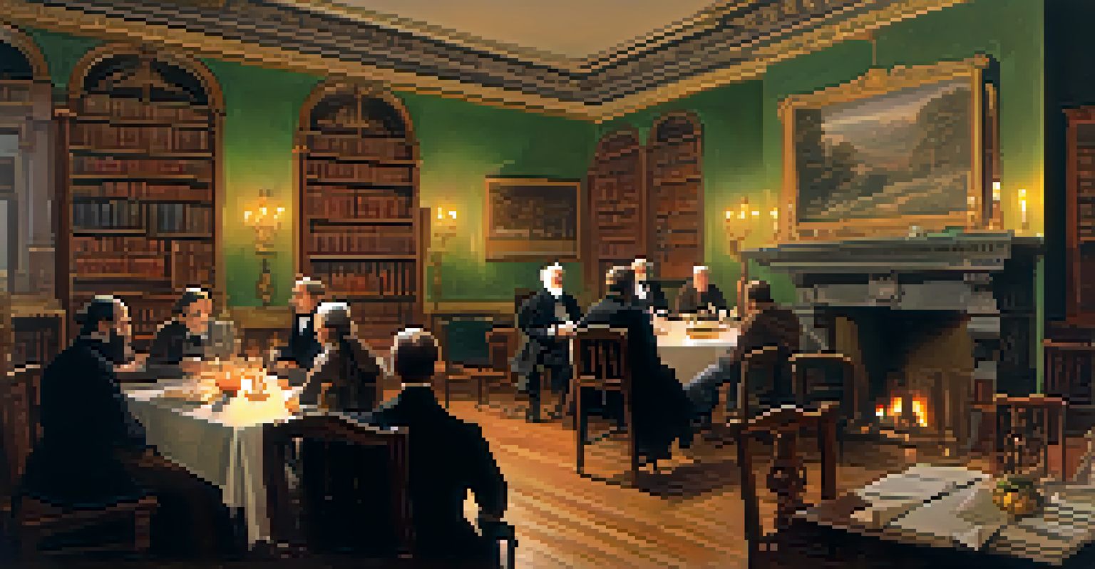 A historical salon with famous writers discussing vegetarianism, surrounded by books and warm candlelight.