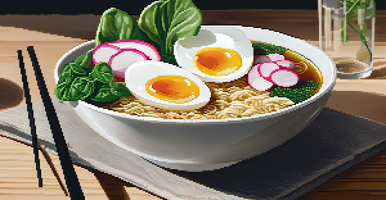A bowl of colorful vegetarian ramen with fresh spinach, radishes, and a soft-boiled egg on a rustic table.