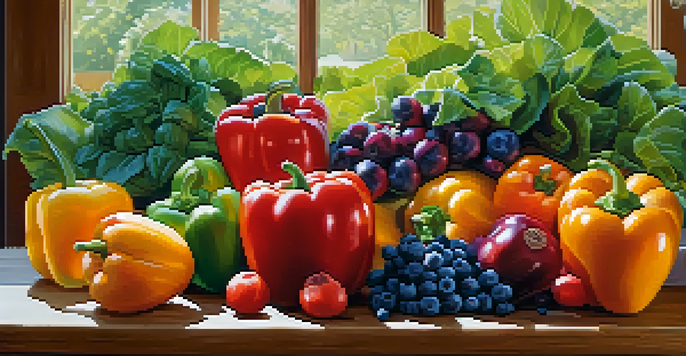 A close-up arrangement of colorful organic fruits and vegetables on a wooden table, showcasing their textures and colors with soft natural lighting.