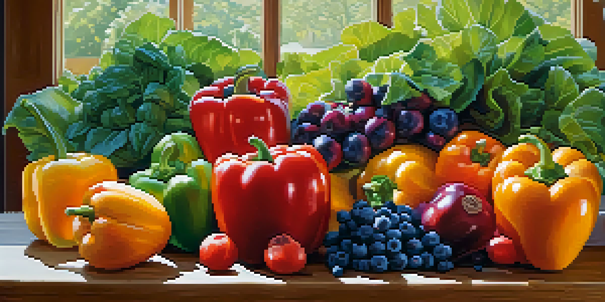 A close-up arrangement of colorful organic fruits and vegetables on a wooden table, showcasing their textures and colors with soft natural lighting.