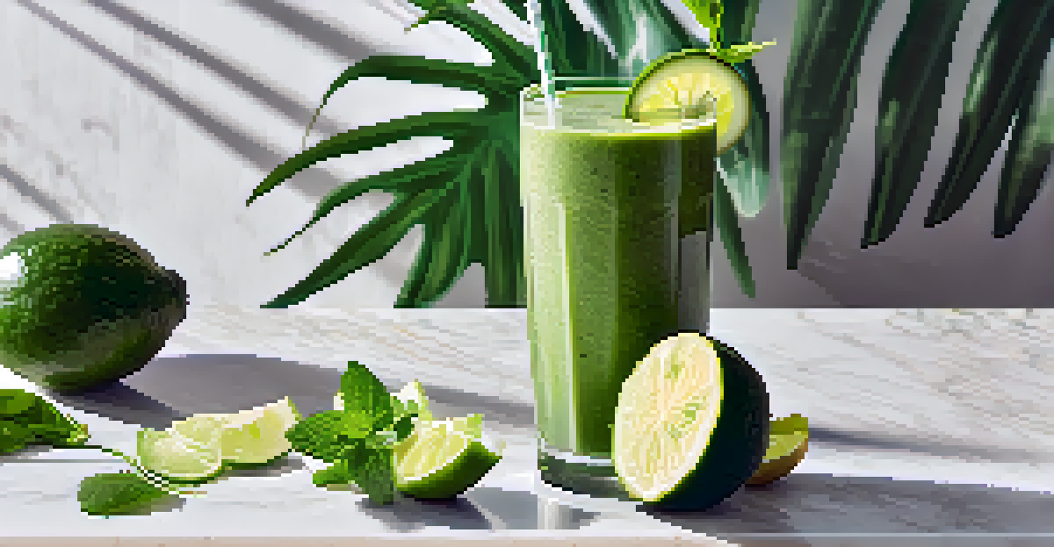 A green smoothie in a glass, made with cucumbers and spinach, garnished with lime and mint, on a marble countertop with palm leaves in the background.