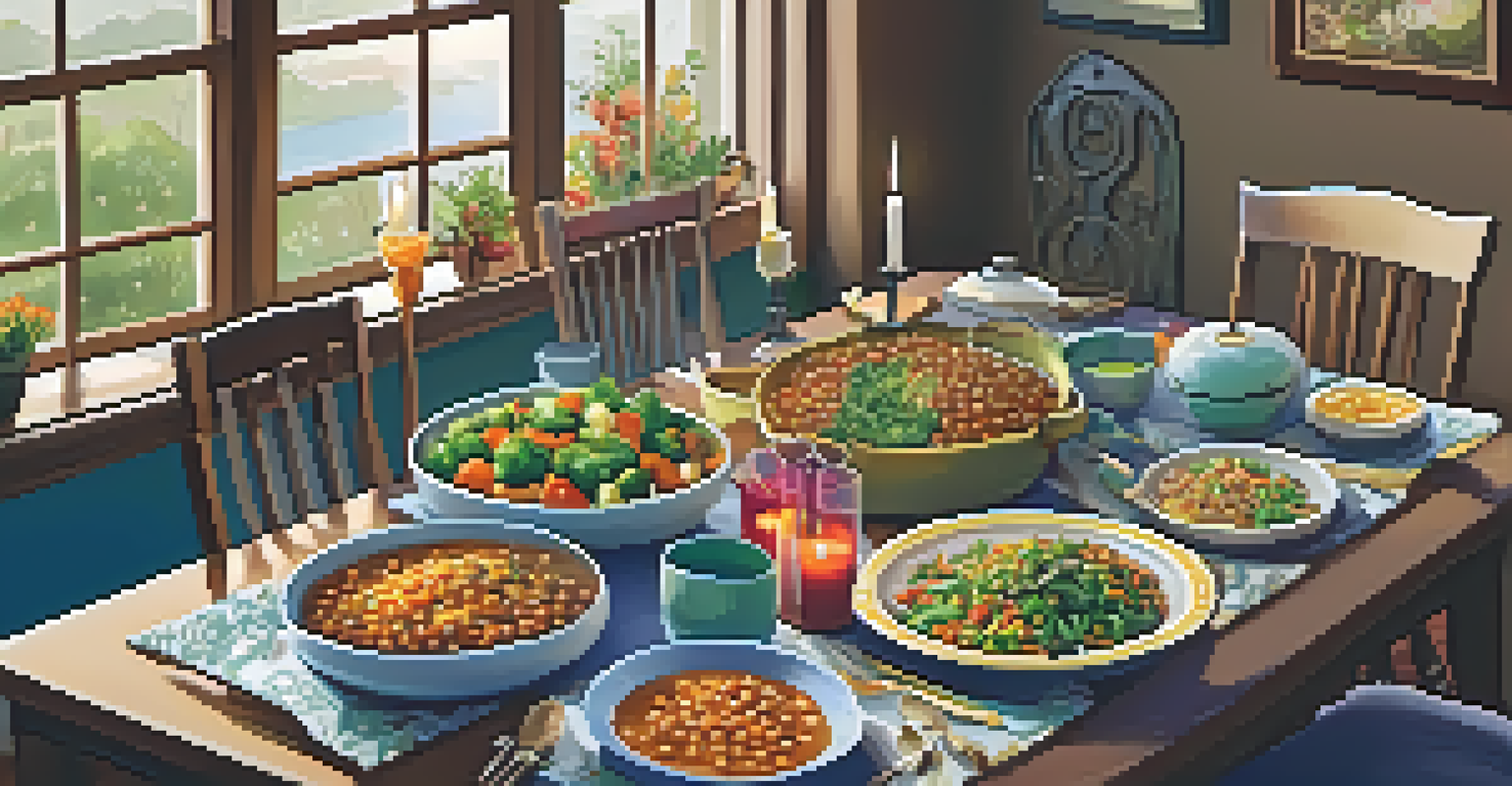 A beautifully set dining table with a colorful vegetarian meal, including a stir-fry and salad, creating a warm and inviting dining experience.