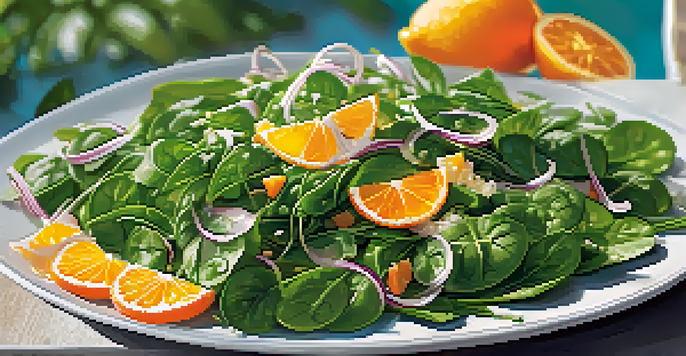 A colorful spinach salad with orange slices and lemon vinaigrette under warm sunlight.