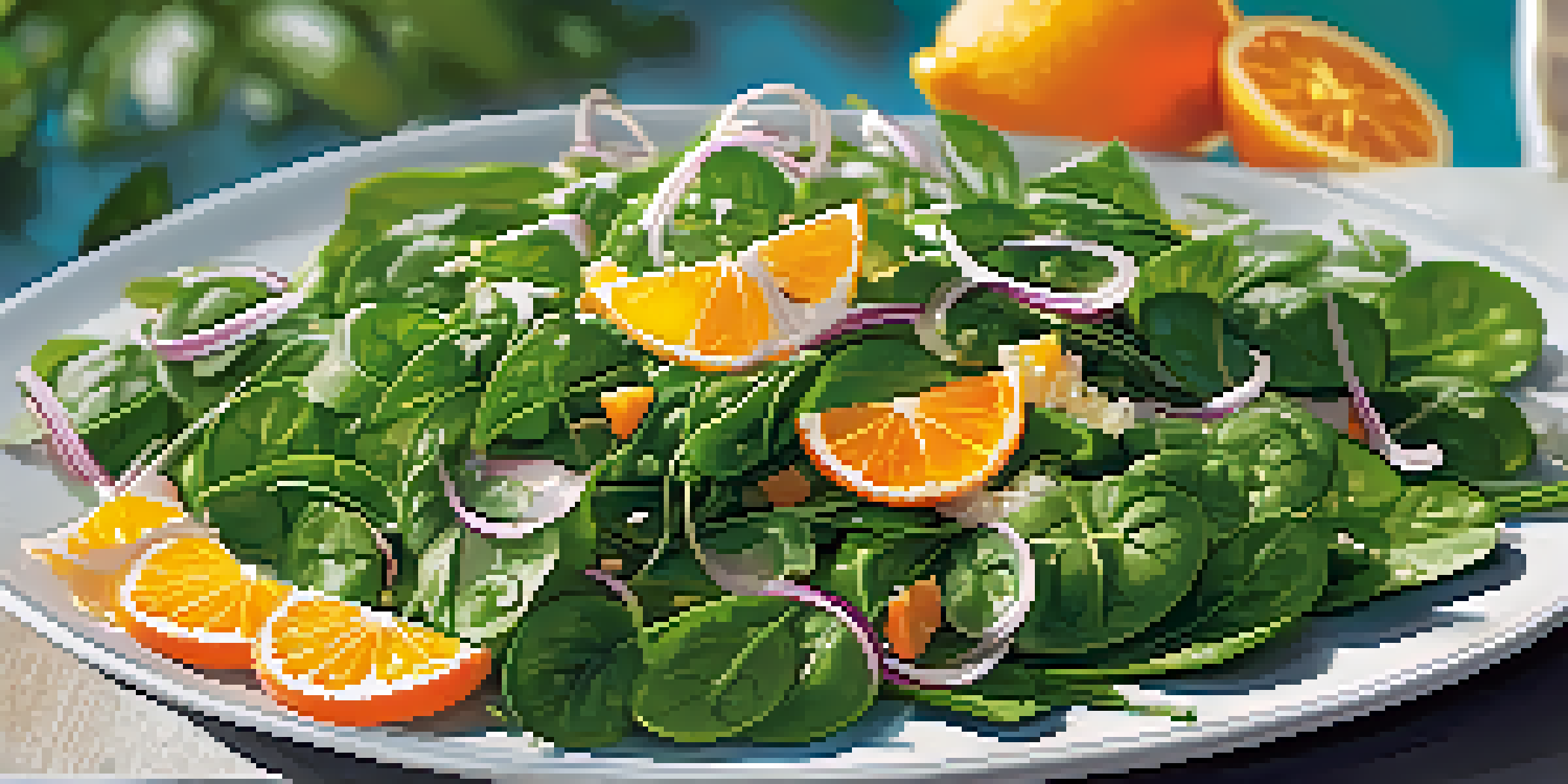 A colorful spinach salad with orange slices and lemon vinaigrette under warm sunlight.