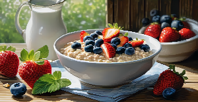 A bowl of oatmeal topped with strawberries, blueberries, and yogurt on a wooden table in bright morning light.