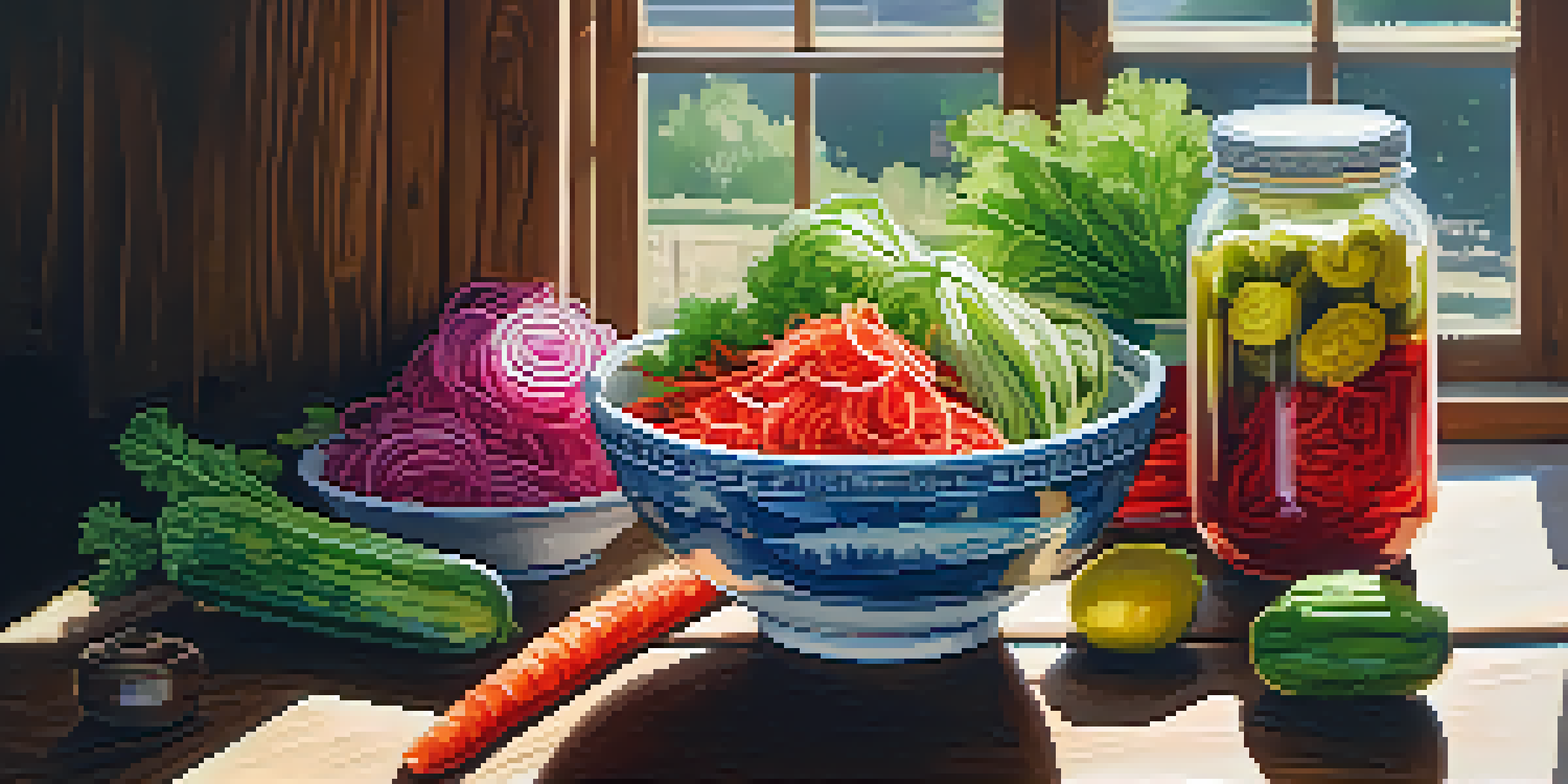 A bowl filled with colorful fermented vegetables like kimchi, sauerkraut, and pickles, displayed on a wooden table with soft natural lighting.