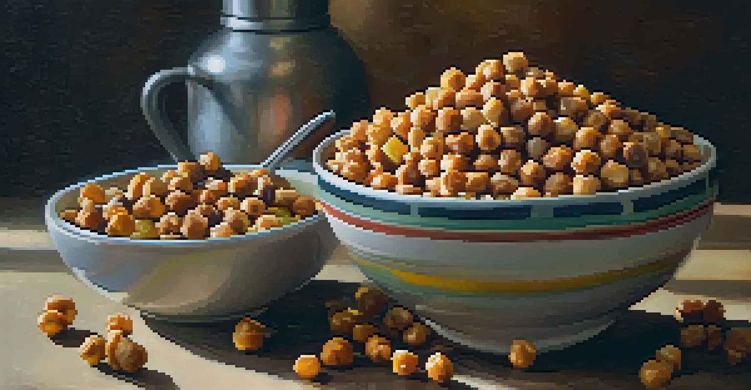 A bowl of healthy snacks including roasted chickpeas and chickpea puffs in a rustic kitchen.
