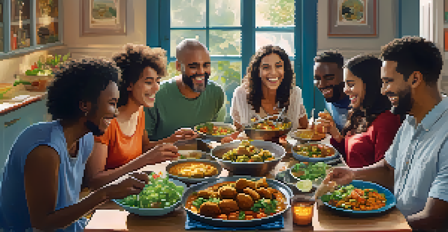 A group of friends enjoying a vegetarian meal together around a dining table, filled with various dishes.