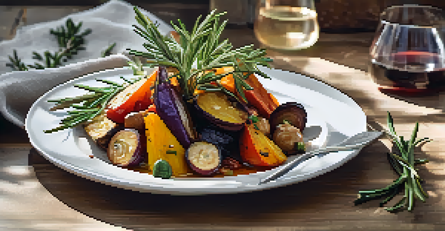 A vegetarian dish with roasted vegetables garnished with rosemary and ginger slices, on a white plate.