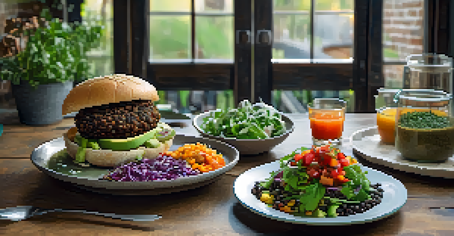 A table set with diverse plant-based dishes, including a black bean burger, lentil soup, and salad.