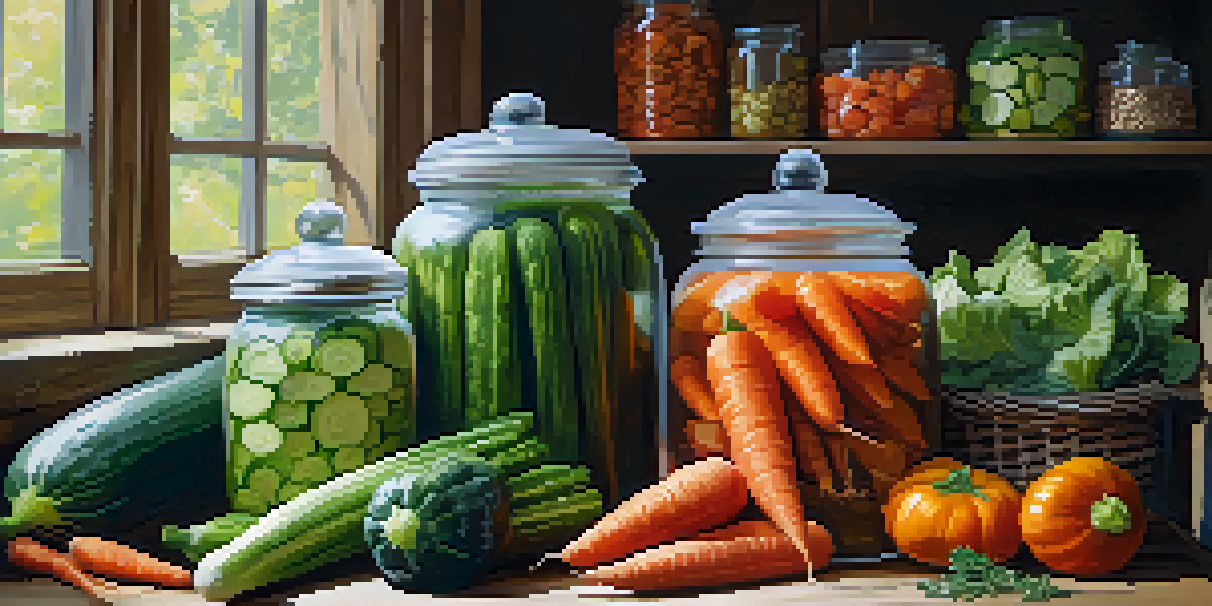A variety of fresh vegetables including cucumbers and cabbage, arranged on a wooden table with jars nearby, illuminated by soft natural light.