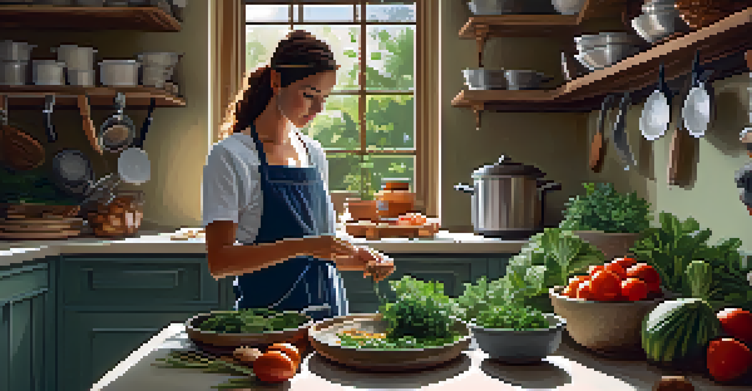 A person cooking in a cozy kitchen with coconut oil and fresh vegetables, highlighted by warm lighting.