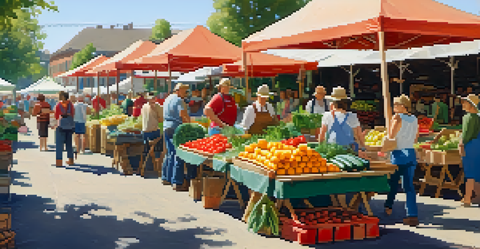 A lively farmers' market filled with colorful seasonal vegetables and people interacting with farmers in a sunny environment.