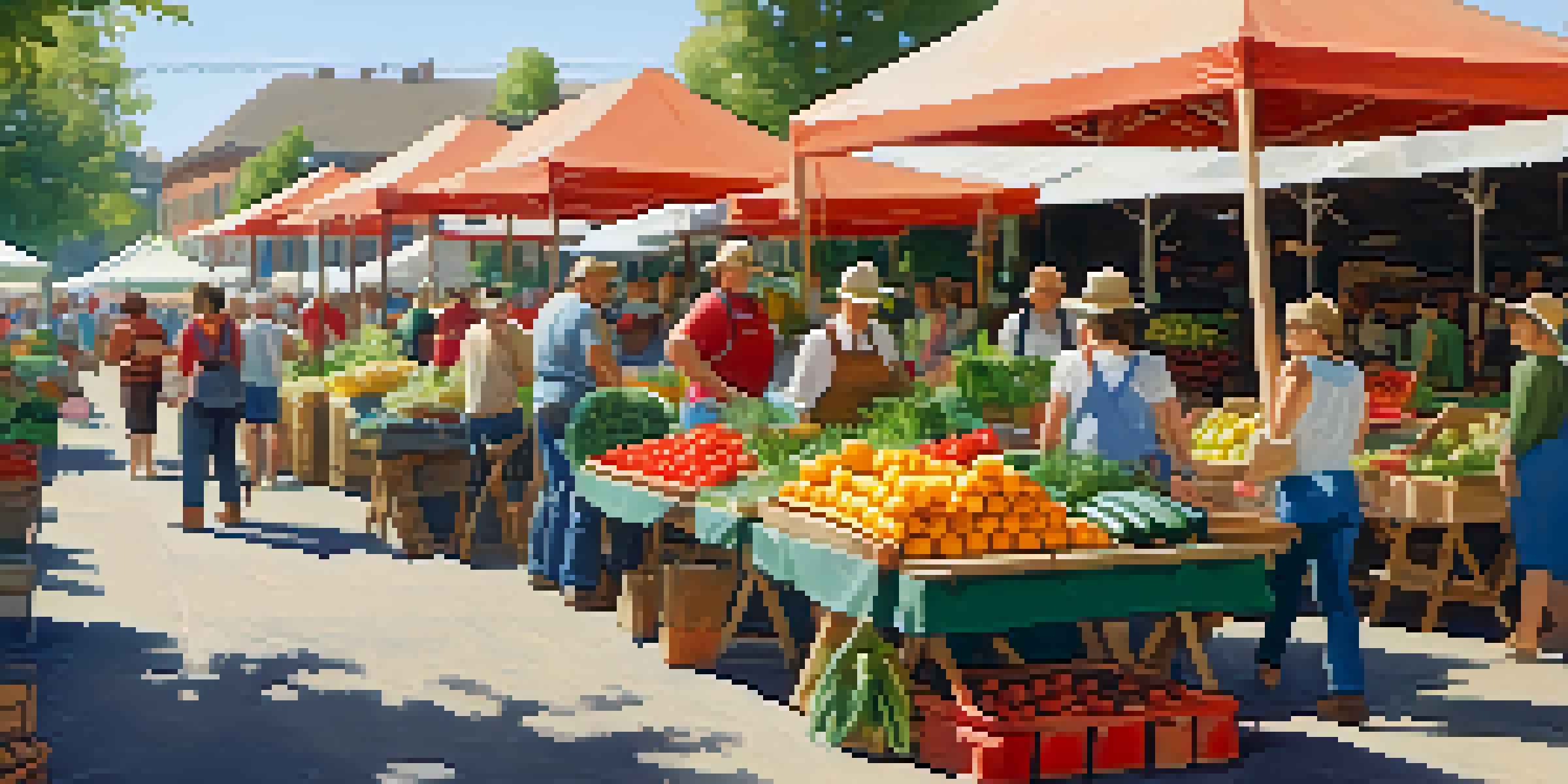 A lively farmers' market filled with colorful seasonal vegetables and people interacting with farmers in a sunny environment.