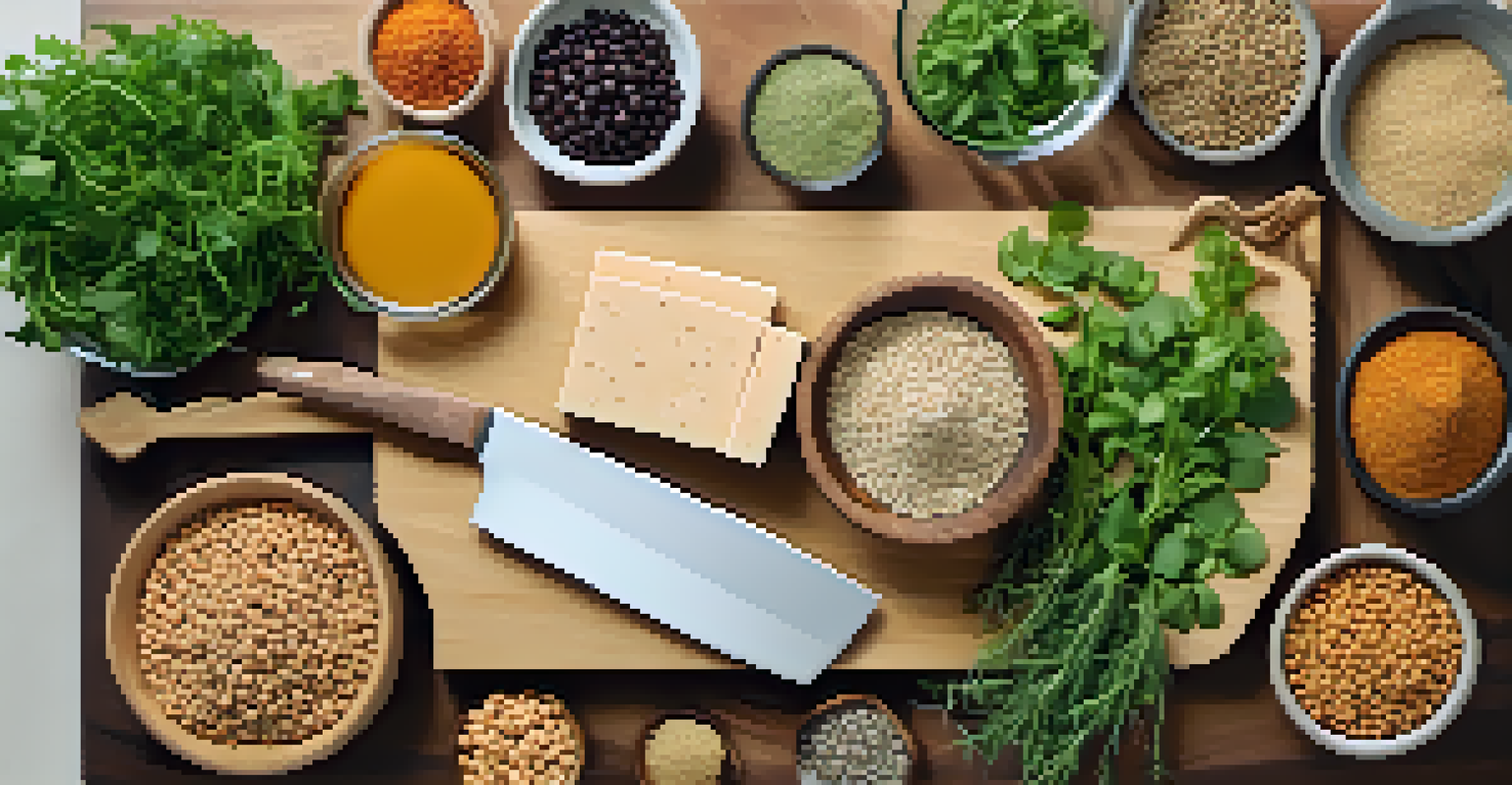 A stylish display of plant-based protein sources like lentils, chickpeas, and tofu on a kitchen countertop.