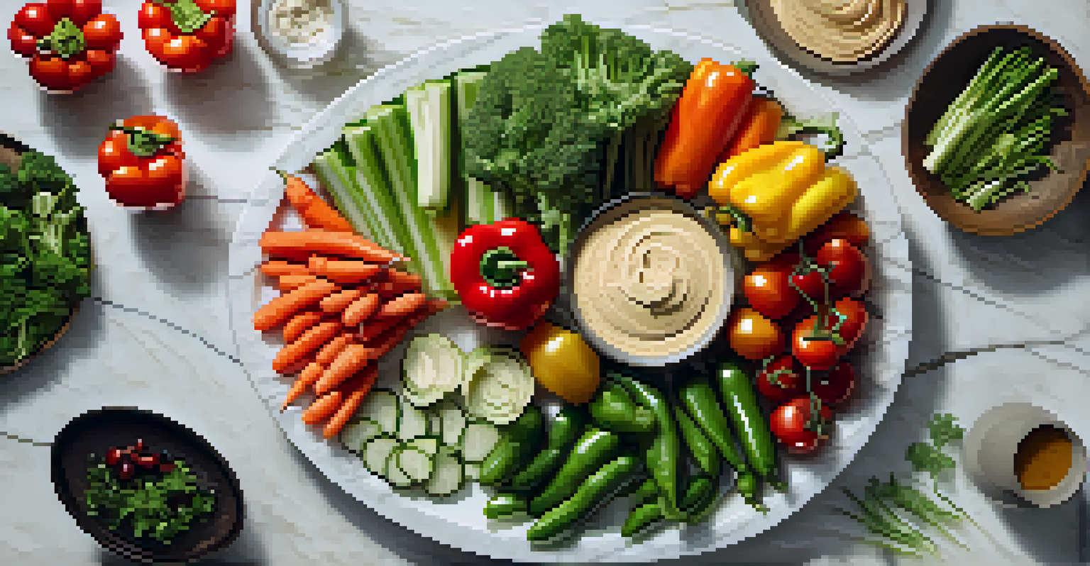 An overhead view of a vibrant veggie platter on a marble countertop, featuring assorted fresh vegetables and a bowl of hummus.