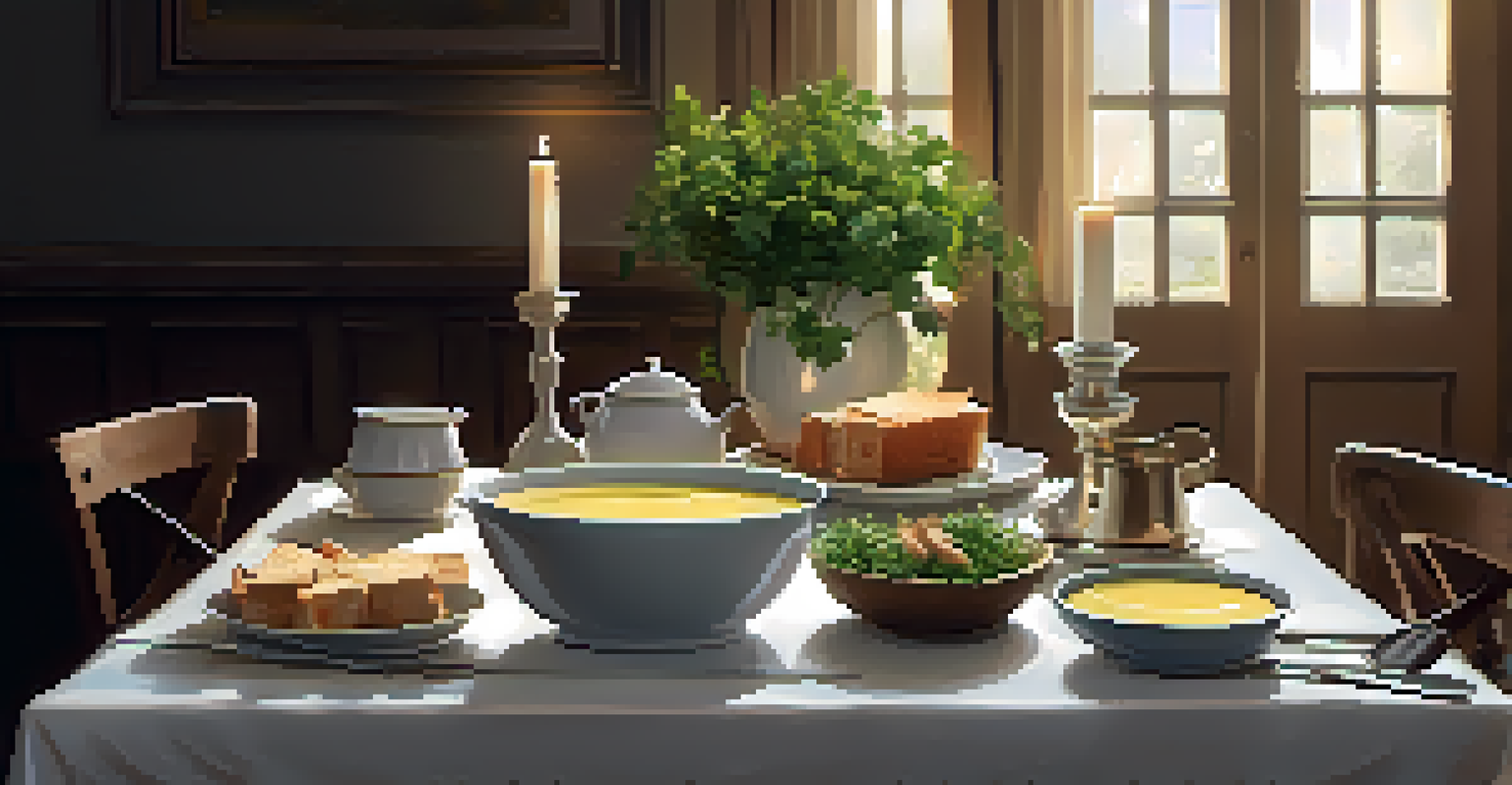 A cozy dining table set with bowls of creamy soup, garnished with croutons, herbs, and illuminated by candlelight.