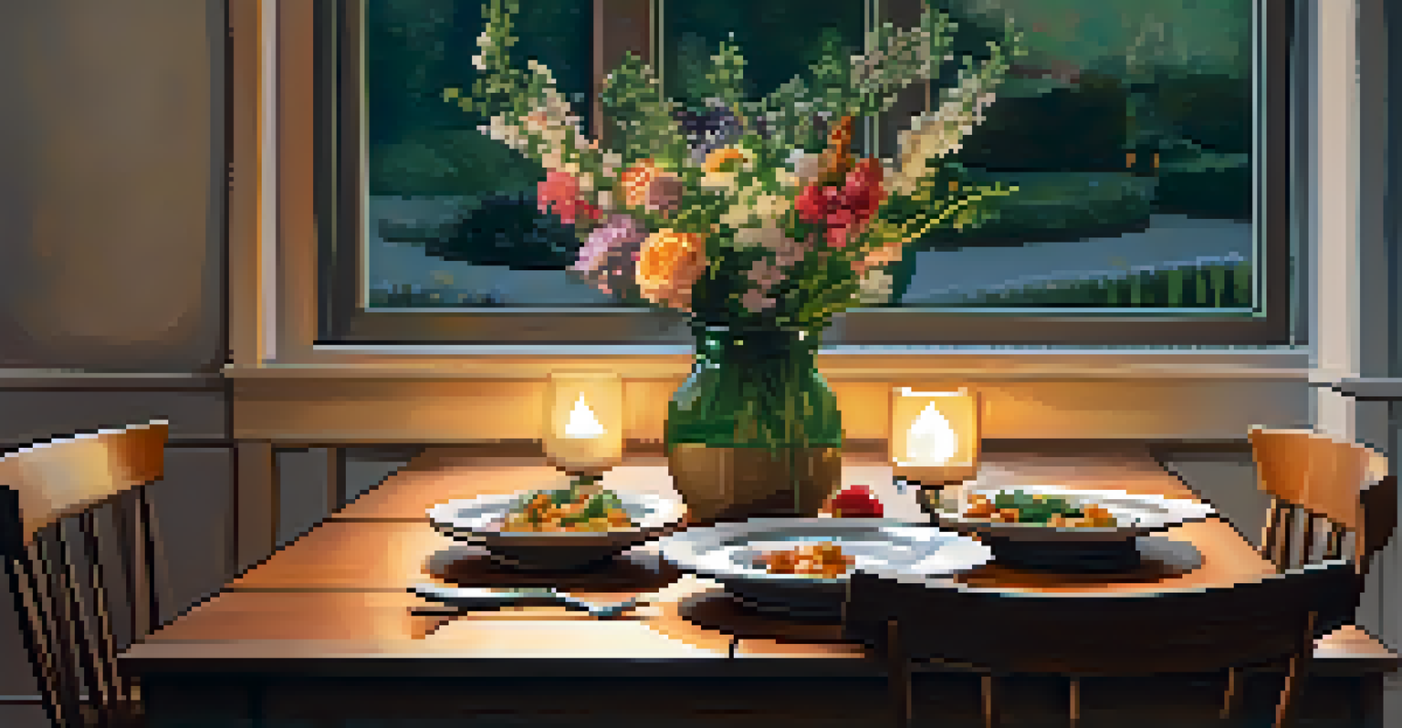 A dining nook with a single plate of vegetarian food, a fork beside it, and soft candlelight creating a calm atmosphere.