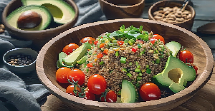 A quinoa salad in a rustic wooden bowl with cherry tomatoes, cucumber, avocado, and a sprinkle of nuts and seeds, illuminated by soft natural light.