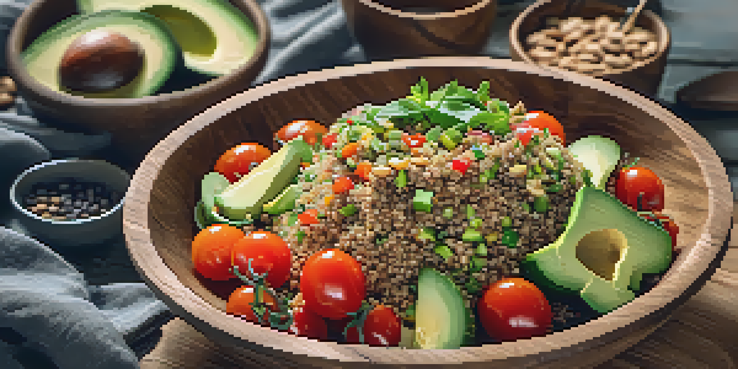 A quinoa salad in a rustic wooden bowl with cherry tomatoes, cucumber, avocado, and a sprinkle of nuts and seeds, illuminated by soft natural light.