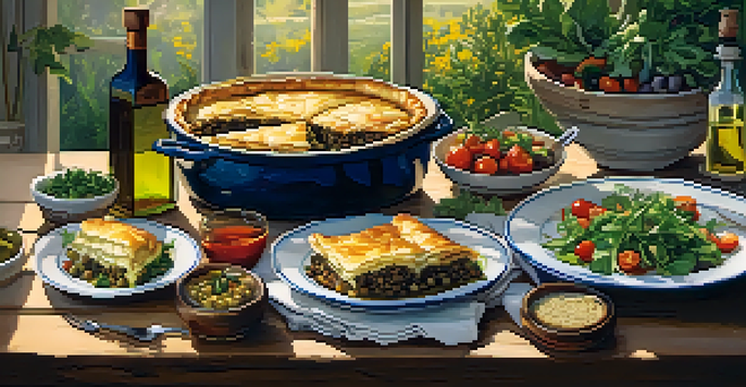 A Mediterranean vegetarian meal displayed on a wooden table, showcasing dishes like moussaka and spanakopita with fresh vegetables and herbs, illuminated by soft evening light.