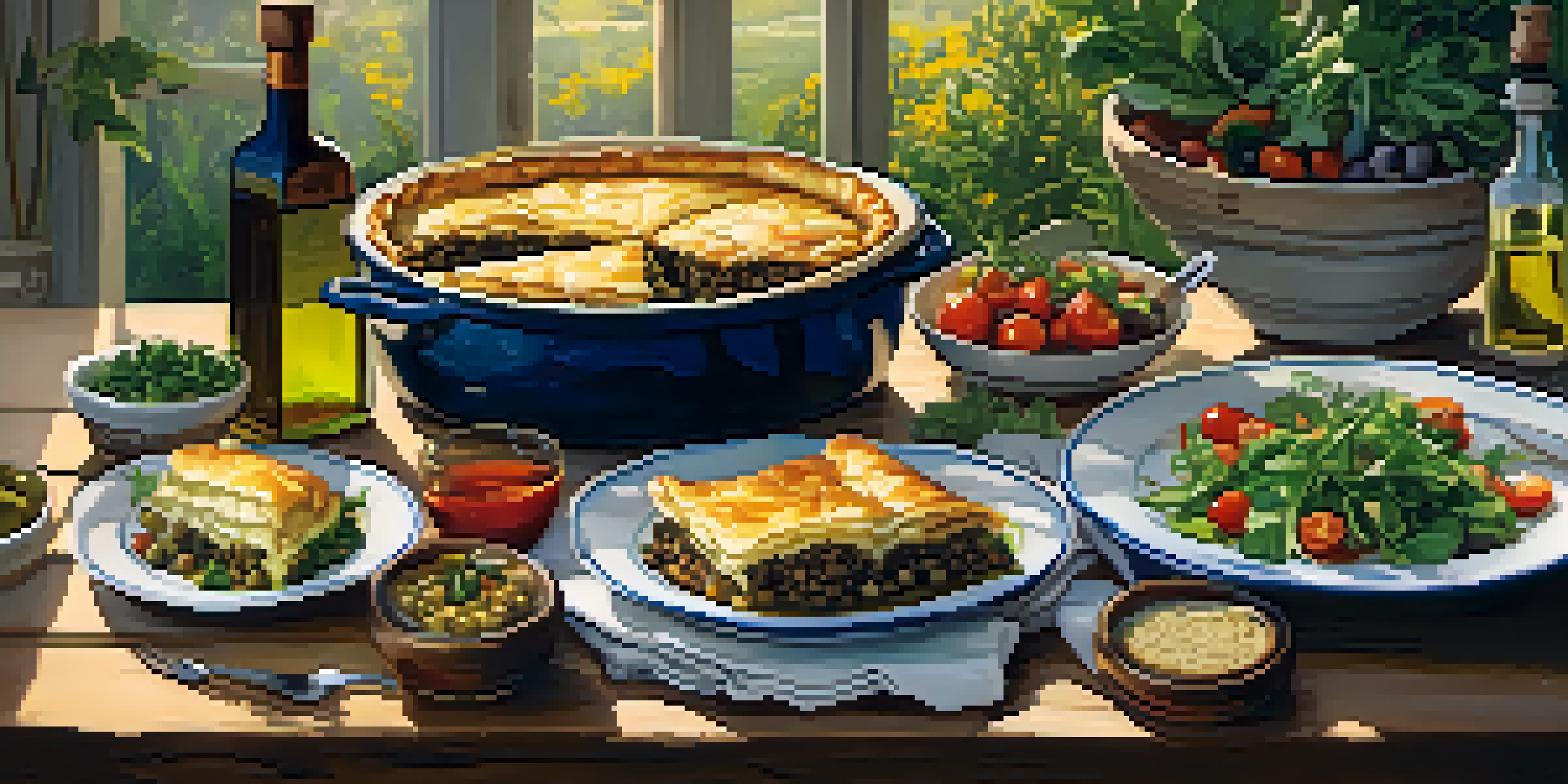 A Mediterranean vegetarian meal displayed on a wooden table, showcasing dishes like moussaka and spanakopita with fresh vegetables and herbs, illuminated by soft evening light.