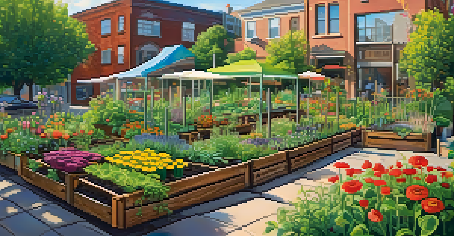A colorful urban garden with herbs and vegetables in raised beds, showcasing sustainable living.