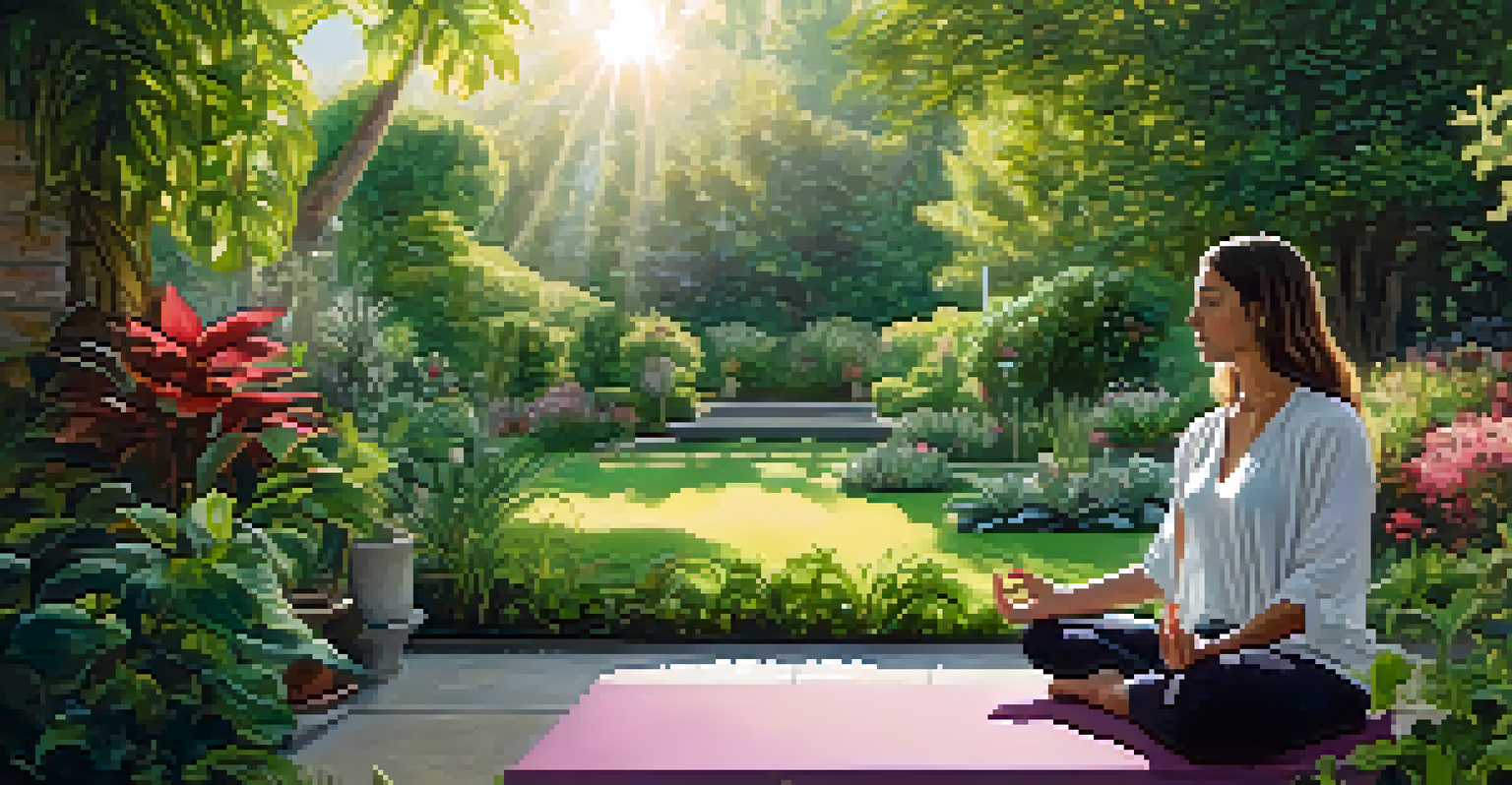 A person meditating in a colorful garden filled with plants and flowers, surrounded by sunlight and tranquility.