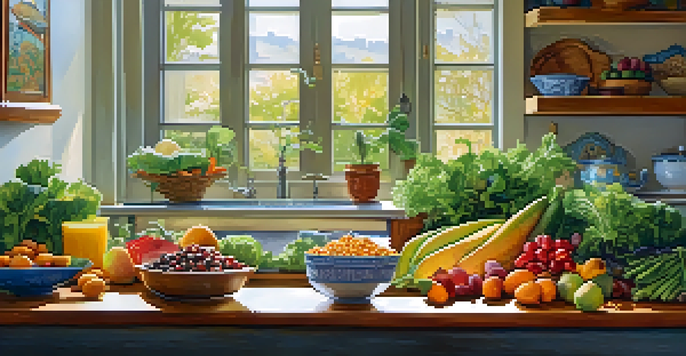 A bright kitchen with a variety of fresh raw vegetarian foods like fruits, vegetables, nuts, and seeds on a wooden countertop, illuminated by natural sunlight.