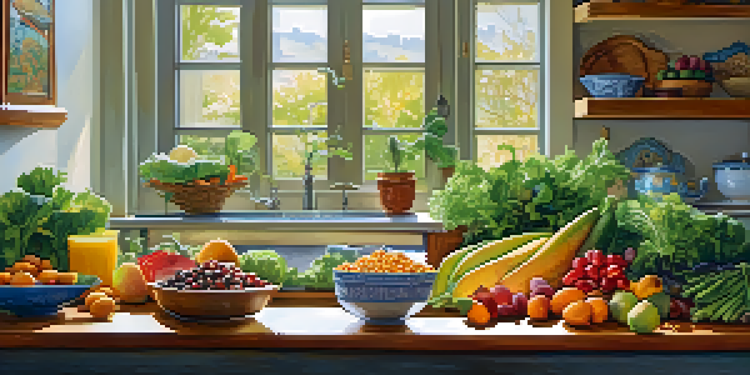A bright kitchen with a variety of fresh raw vegetarian foods like fruits, vegetables, nuts, and seeds on a wooden countertop, illuminated by natural sunlight.