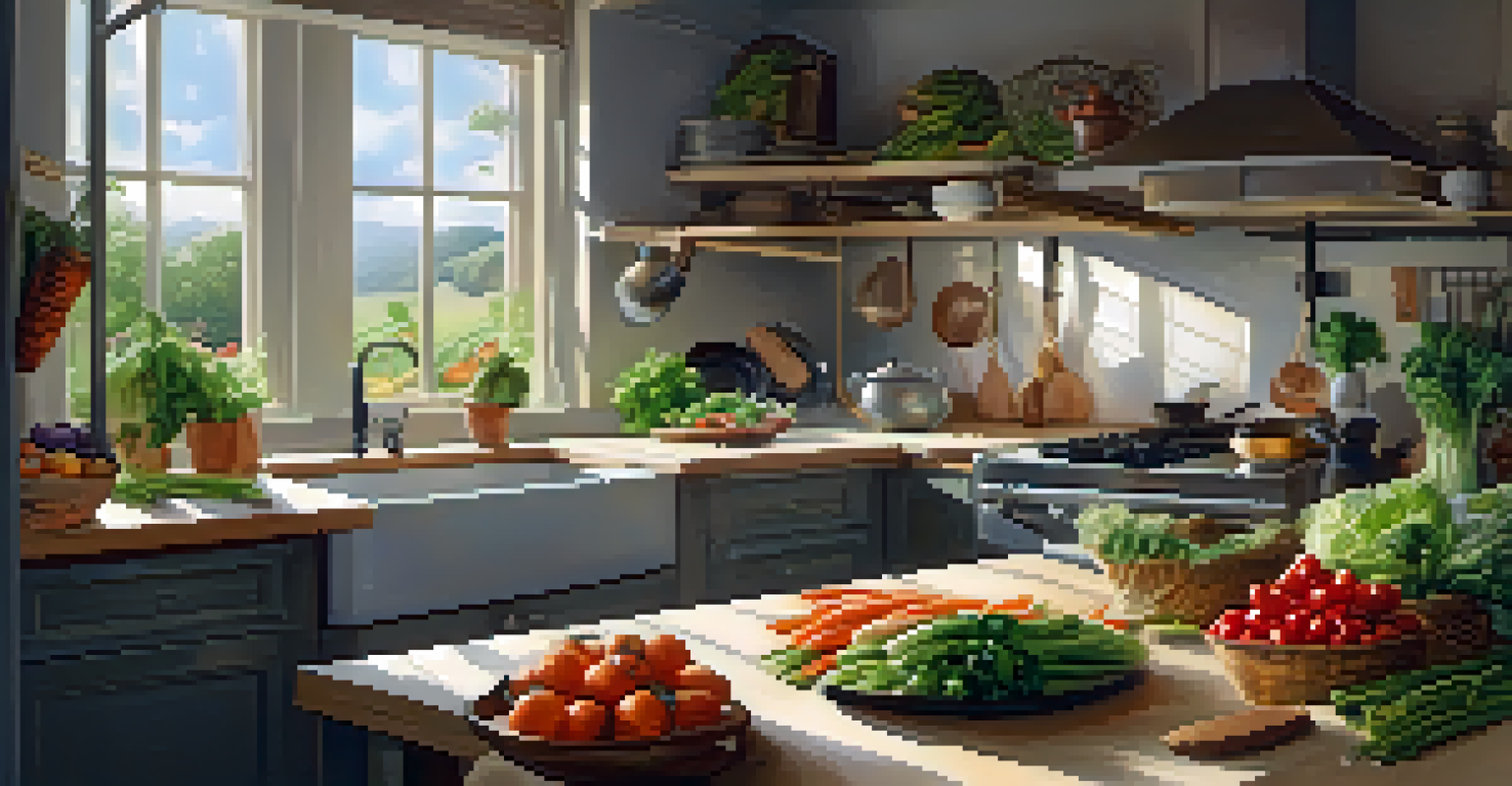 A tranquil kitchen scene with a person chopping fresh vegetables, natural light enhancing the serene atmosphere.