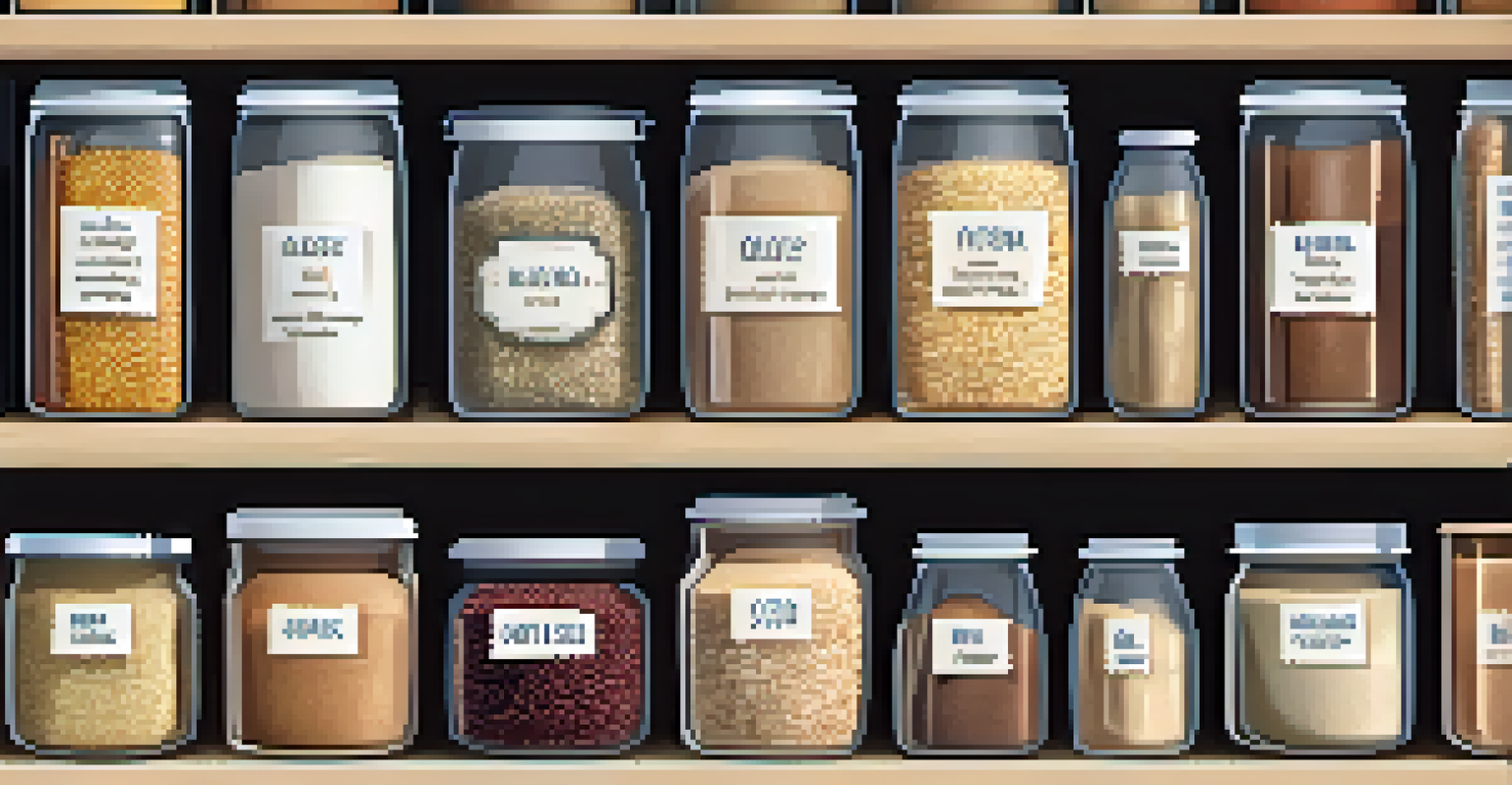 A pantry shelf filled with labeled airtight containers of various grains, displaying organized and neat storage.