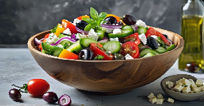 A colorful Greek salad in a wooden bowl with fresh vegetables and feta cheese, garnished with herbs.