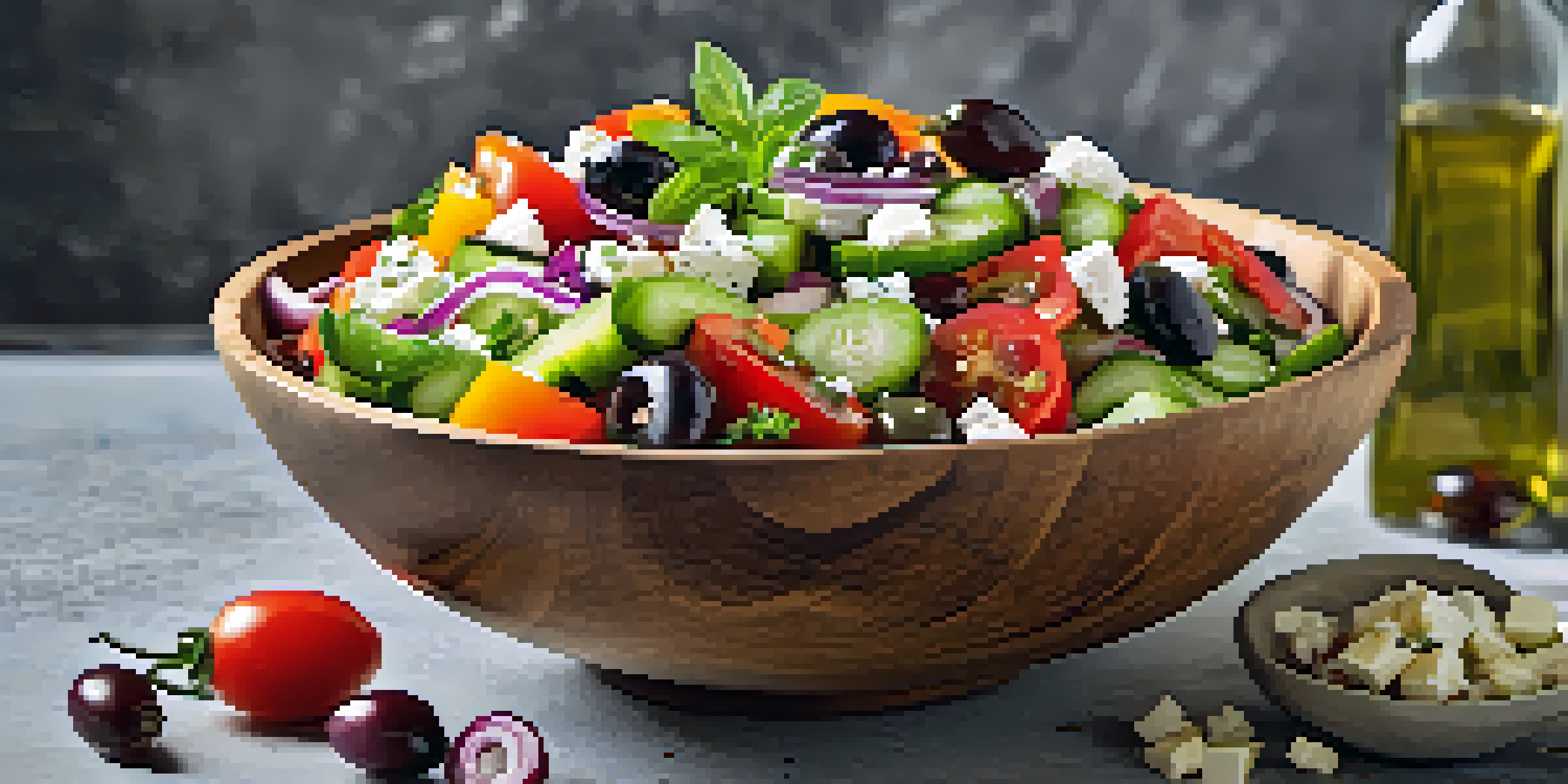A colorful Greek salad in a wooden bowl with fresh vegetables and feta cheese, garnished with herbs.