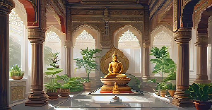An interior view of a Jain temple featuring detailed marble carvings, warm lighting, and a statue of a Tirthankara among plants.