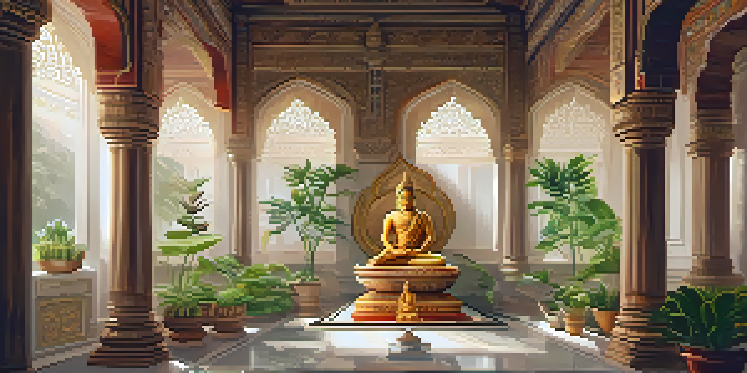 An interior view of a Jain temple featuring detailed marble carvings, warm lighting, and a statue of a Tirthankara among plants.