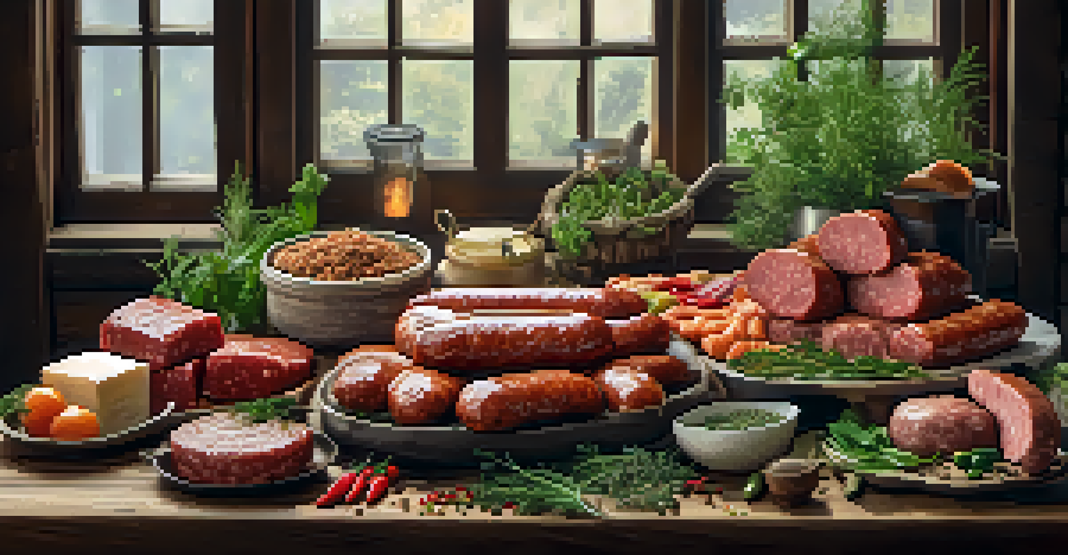An artistic display of plant-based meat products, including sausages and meatballs, arranged on a wooden table with fresh herbs and spices.