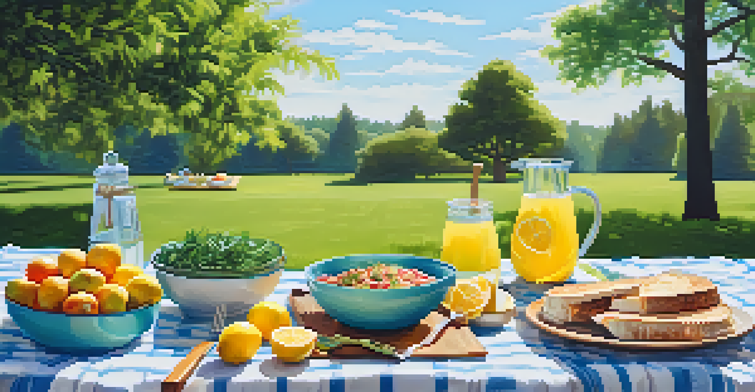 An outdoor picnic with a blanket on the grass, showcasing a variety of colorful plant-based dishes and a pitcher of lemonade.