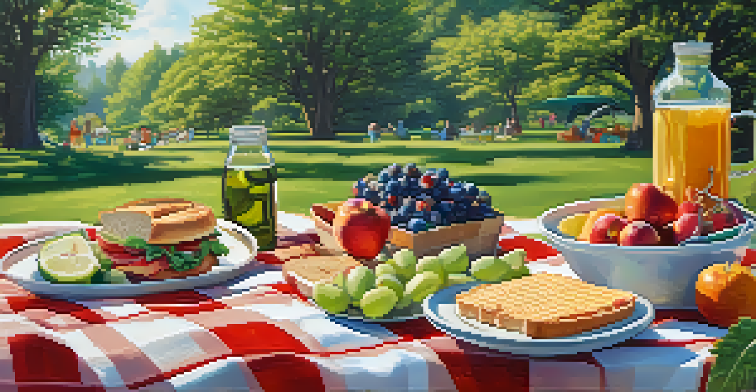 A peaceful outdoor picnic with a vegetarian spread on a checkered blanket, surrounded by greenery and flowers.