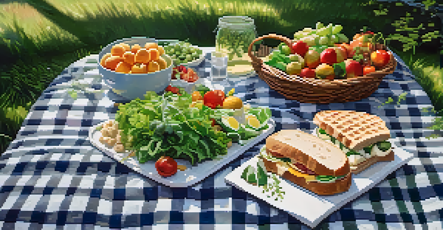 A picnic blanket laid out in nature with an array of vegetarian dishes and fresh fruit, surrounded by greenery.
