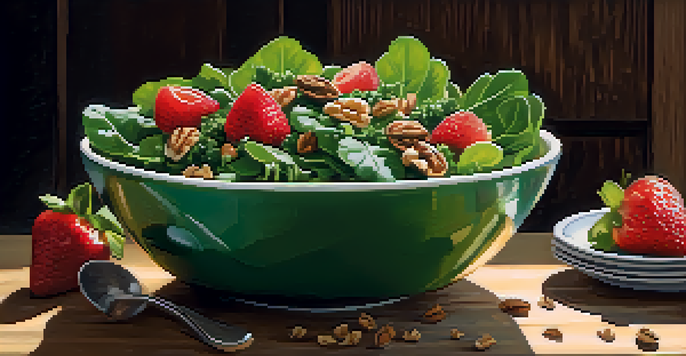 A colorful salad bowl with leafy greens, strawberries, and walnuts on a wooden table.