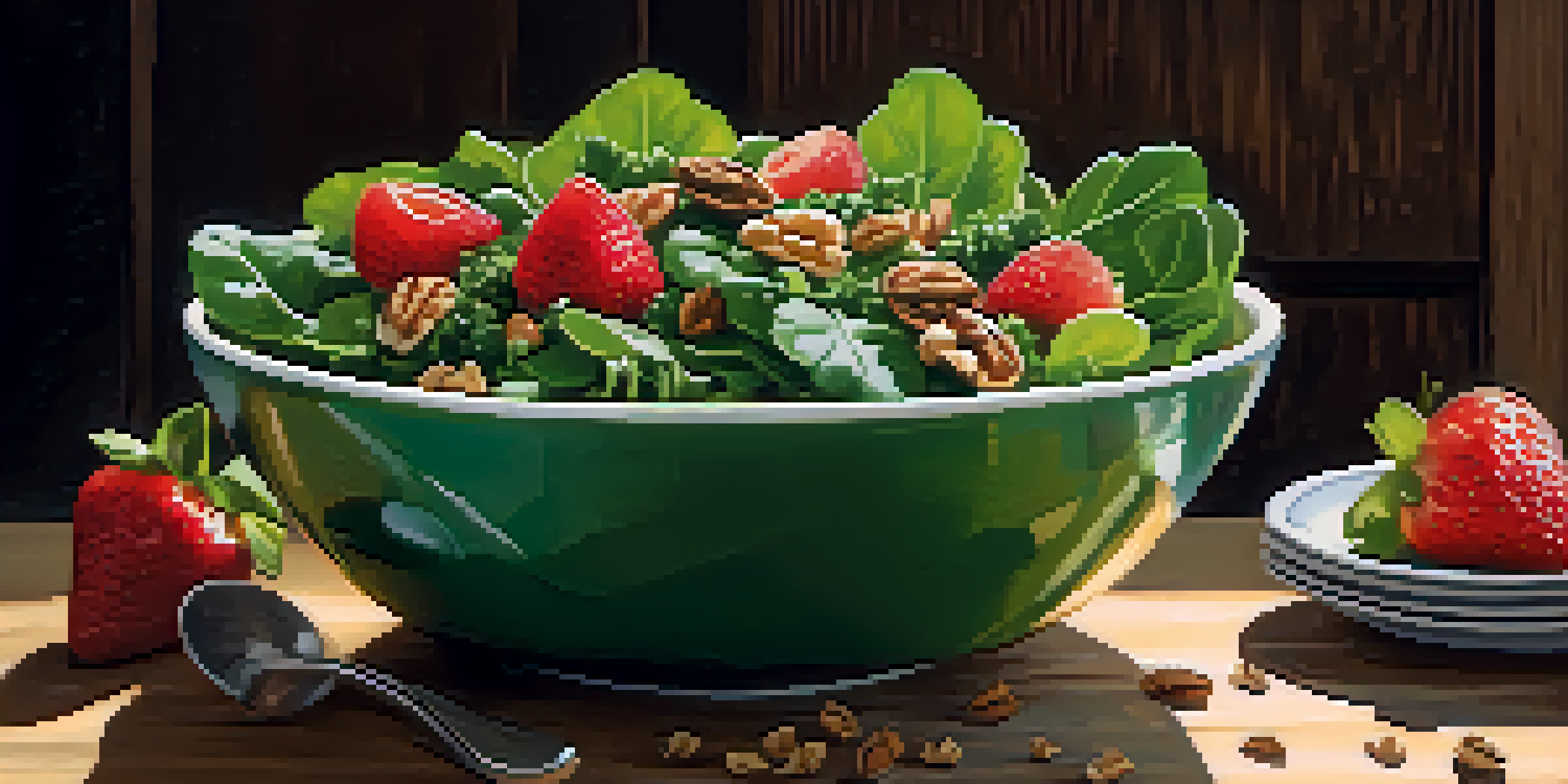 A colorful salad bowl with leafy greens, strawberries, and walnuts on a wooden table.