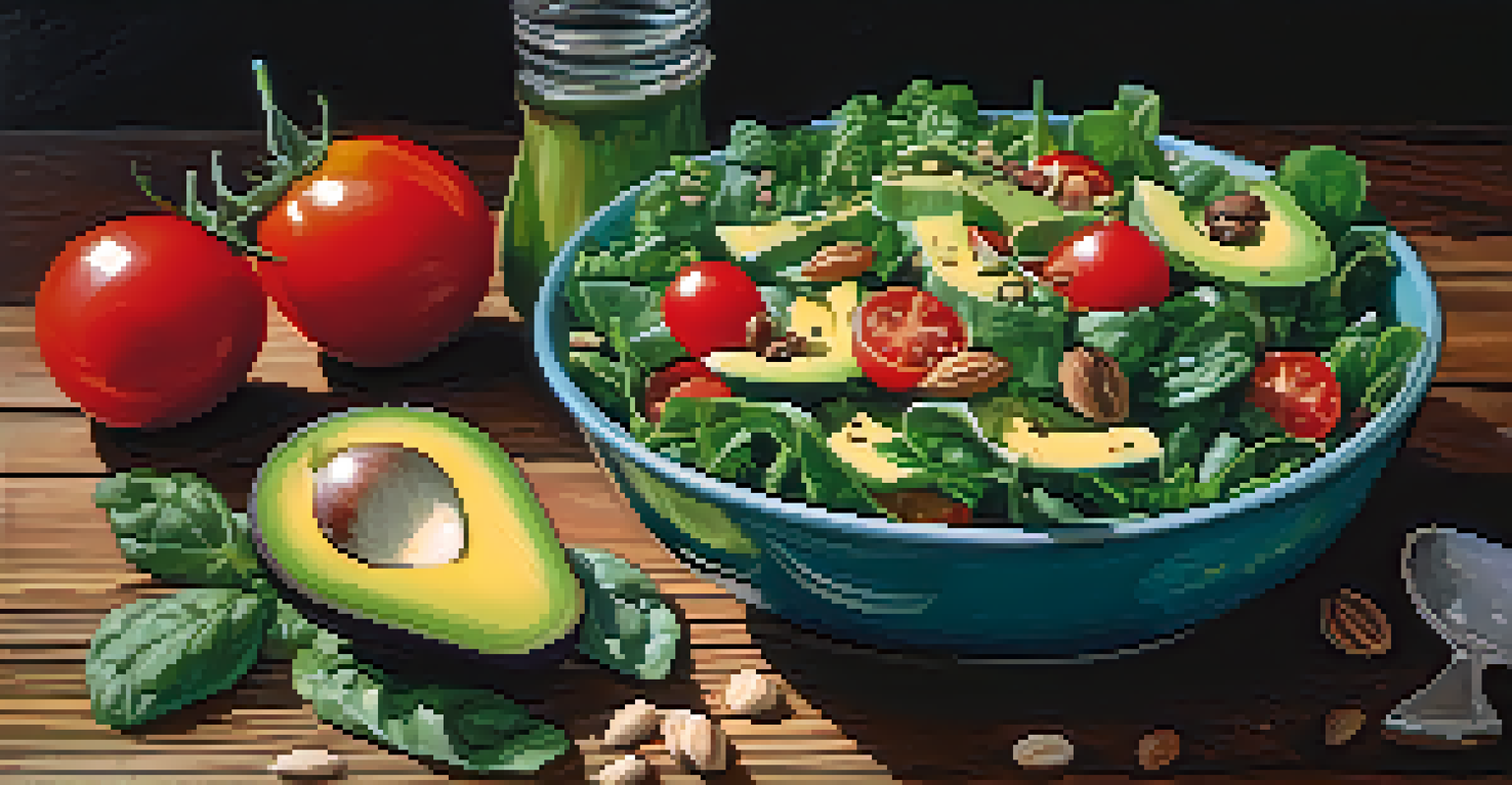 A colorful salad bowl filled with leafy greens, avocado, and cherry tomatoes, beautifully arranged on a wooden table.