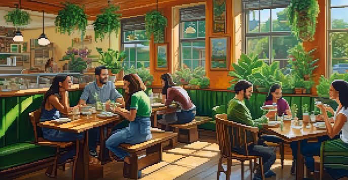 An inviting café filled with plant-based dishes and warm lighting, featuring guests enjoying their meals.