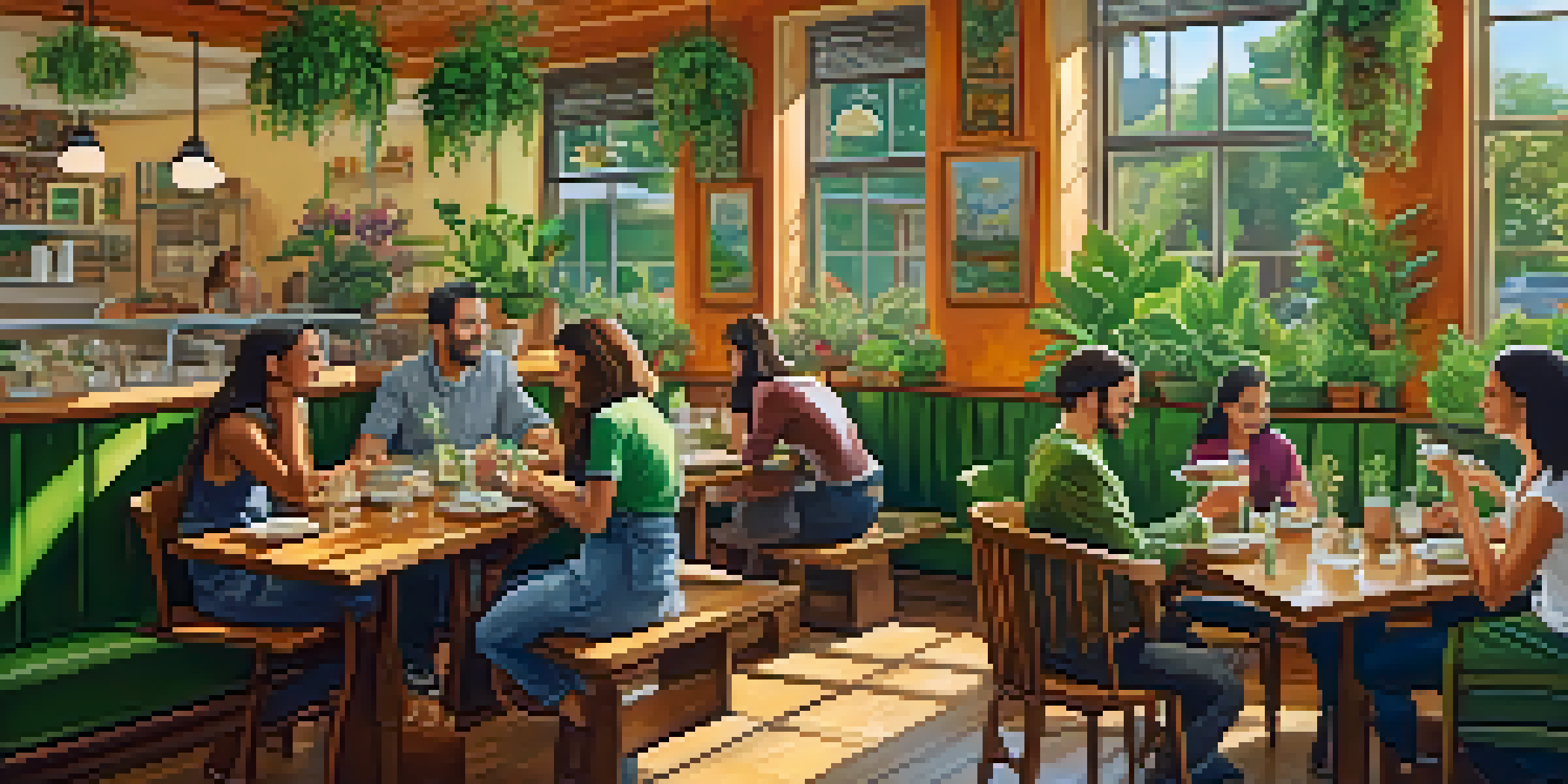 An inviting café filled with plant-based dishes and warm lighting, featuring guests enjoying their meals.