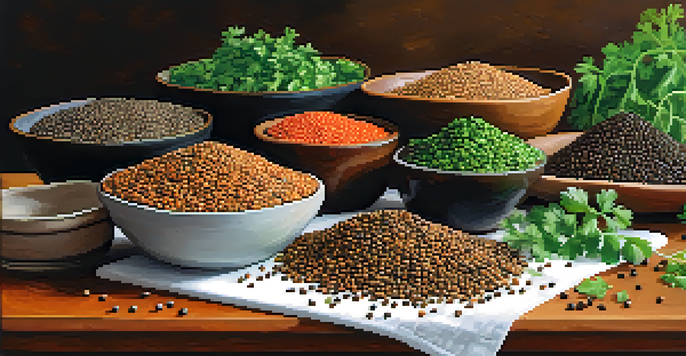 A colorful kitchen scene showcasing different types of lentils in bowls, surrounded by fresh herbs on a wooden cutting board.
