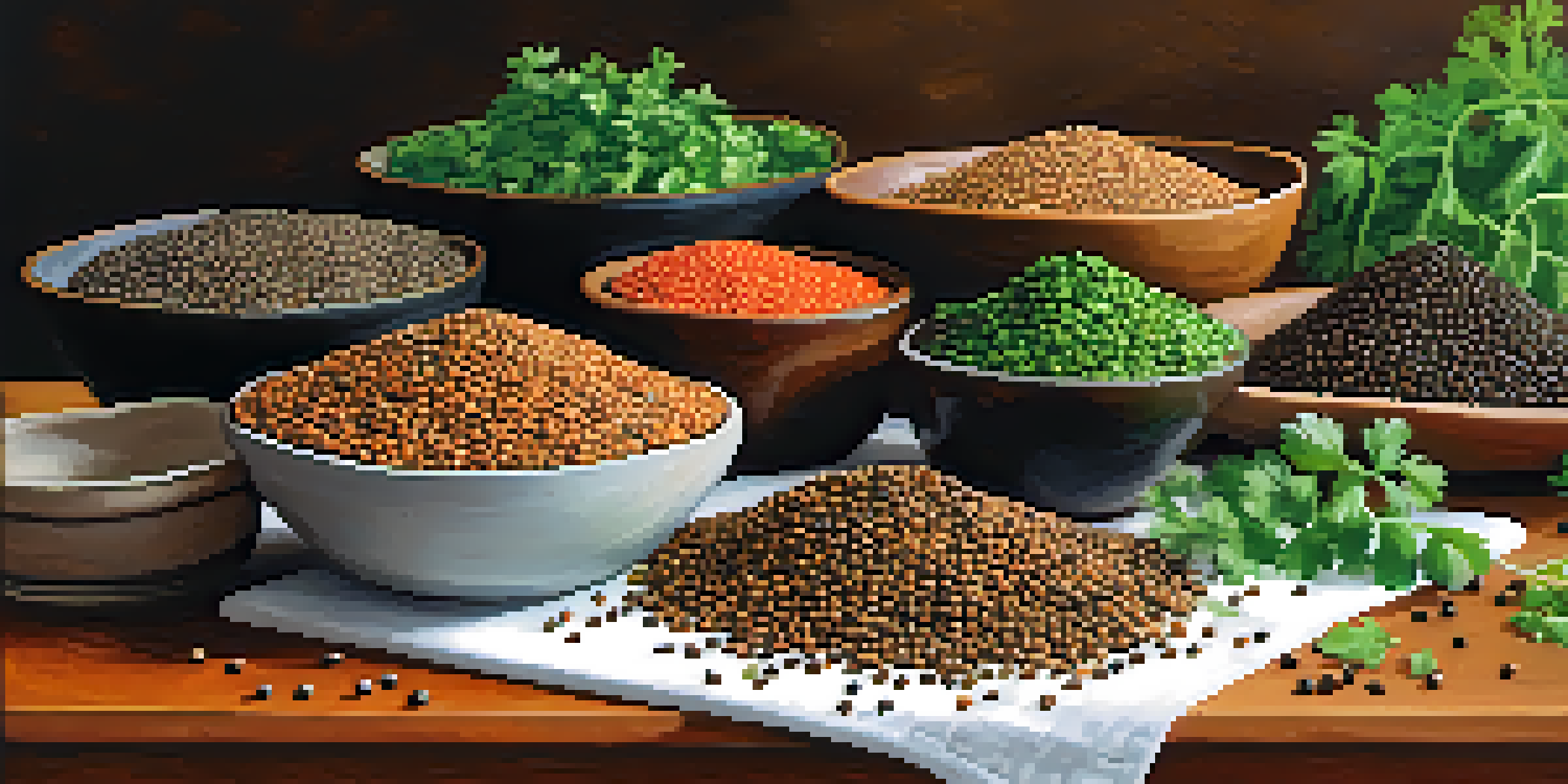 A colorful kitchen scene showcasing different types of lentils in bowls, surrounded by fresh herbs on a wooden cutting board.