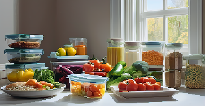 A kitchen countertop filled with colorful meal prep containers and fresh ingredients, illuminated by soft natural light.