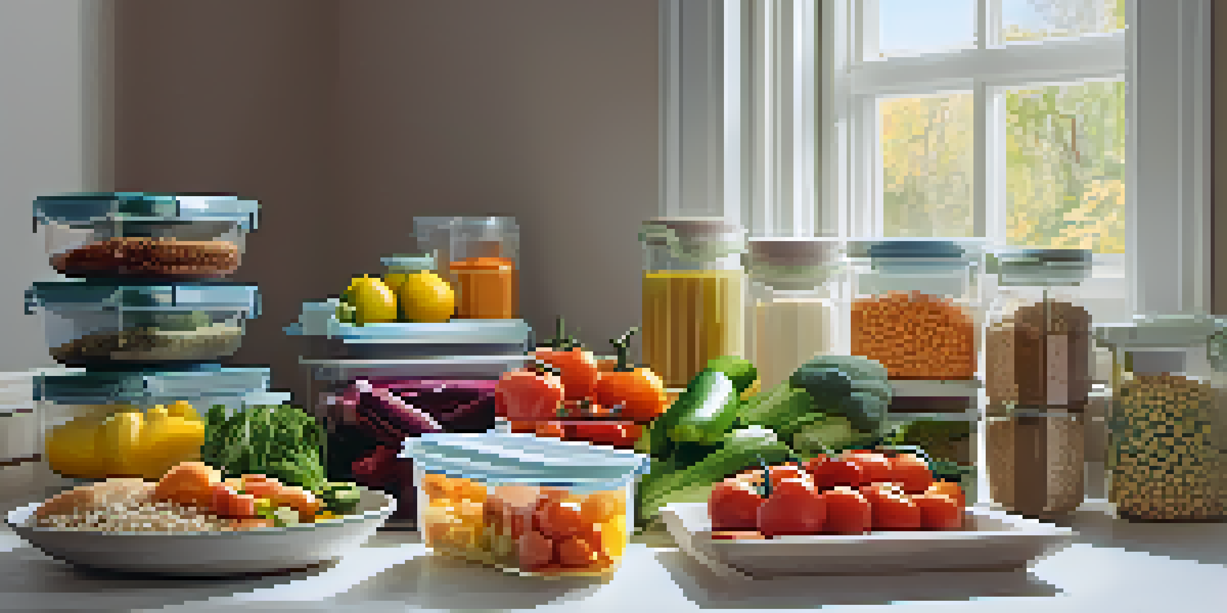 A kitchen countertop filled with colorful meal prep containers and fresh ingredients, illuminated by soft natural light.